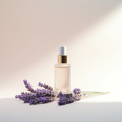 A bottle of serum is leaning against a white podium surrounded by lavender flowers on a white background