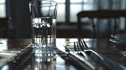 a close up of a knife and fork on a table with a glass of water and silverware in the background. hyper realistic  - obrazy, fototapety, plakaty