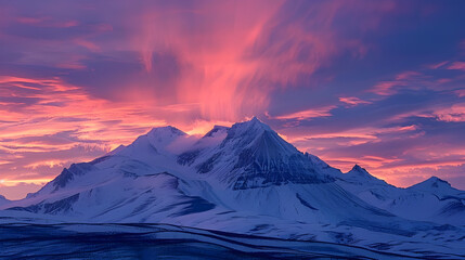Fototapeta premium Majestic Mountain Peaks Under a Crimson Sunset Sky