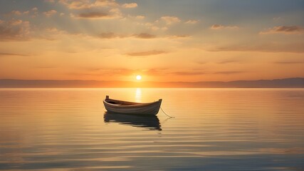a peaceful sunset at sea, a solitary boat on calm waters, and the tranquility of golden hour