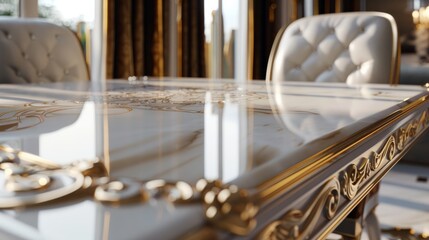 Fototapeta na wymiar a close up of a table with a gold and white design on the top of it and a white chair in the background. hyper realistic 