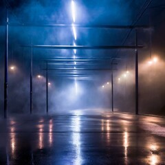 spotlight on the wall.a dark, empty street enveloped in mist and smoke, with wet asphalt glistening under the reflection of neon lights, and a distant searchlight cutting through the haze, creating an - obrazy, fototapety, plakaty