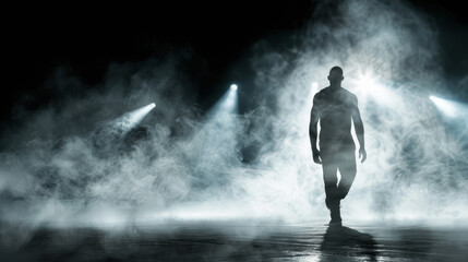 Silhouette of a sportsman walking against the background of smoke and sports spotlights. Sports background for design.