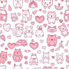 pattern childrens drawings of bears, cats, cars, hearts isometric, line art, icons pink and white