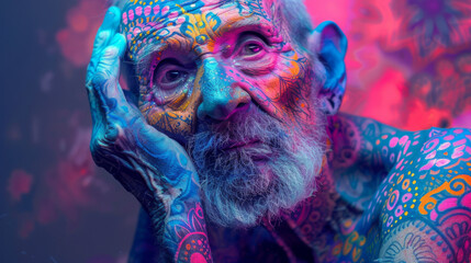 An elderly gentleman showcases his vibrant personality through a stunning array of colorful tattoos, featuring intricate abstract mandala symbols.