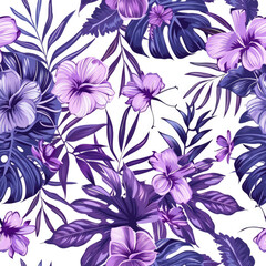Purple seamless pattern of tropical leaves and flowers on white background