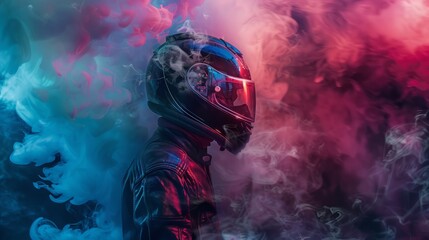 Fototapeta premium An ethereal silhouette of a helmeted character amidst swirling, neon-hued smoke evokes a feeling of surrealism hyper realistic 