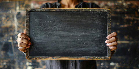 Close up hand of woman holding a chalkboard sign , Advertising Poster banner mockup template - obrazy, fototapety, plakaty