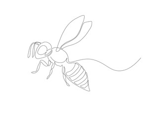 Continuous line drawing of bee. One line of flying bee. Flying insects concept continuous line art. Editable outline.