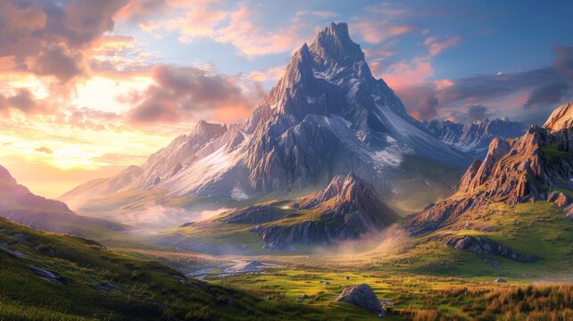 Fantasy epic magic mountain landscape. Mystical 3D rendering.