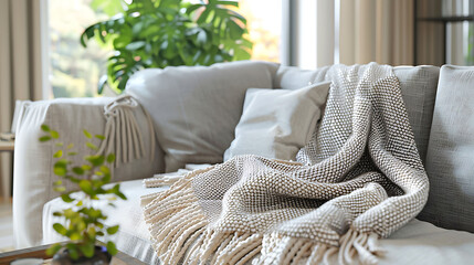 Detail shot of a decorative throw blanket draped over a sofa, modern interior design, scandinavian style hyperrealistic photography