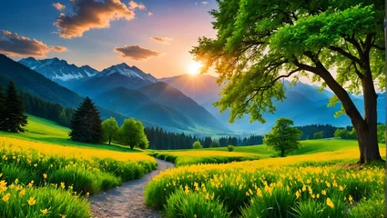 Zelfklevend Fotobehang Realistic vector image of the mountain landscape and a river across the green fields © Ehtasham