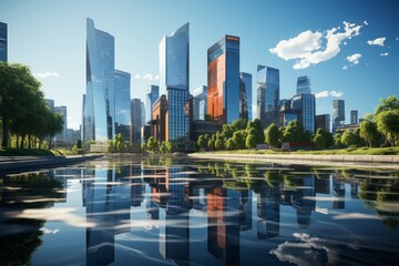 a hyperrealistic low angle view of towering skyscrapers, emphasizing their imposing presence against the sky - Powered by Adobe
