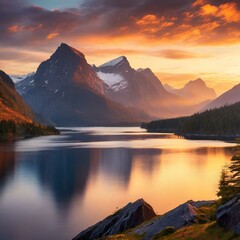 sunset over the lake.A dramatic mountain landscape at sunset, with the fiery sun dipping below the horizon, casting a warm orange glow over the rugged peaks and reflecting off the calm waters of a nea - obrazy, fototapety, plakaty