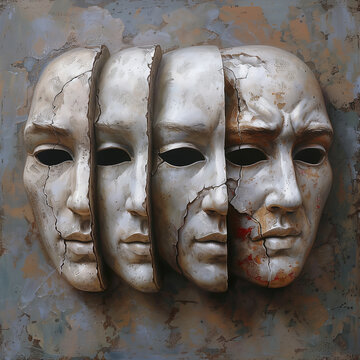A set of three cracked, emotionless masks against a textured backdrop, symbolizing different human emotions..
