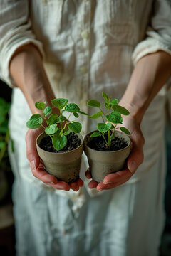 A woman holds pots with small plants. Gardener