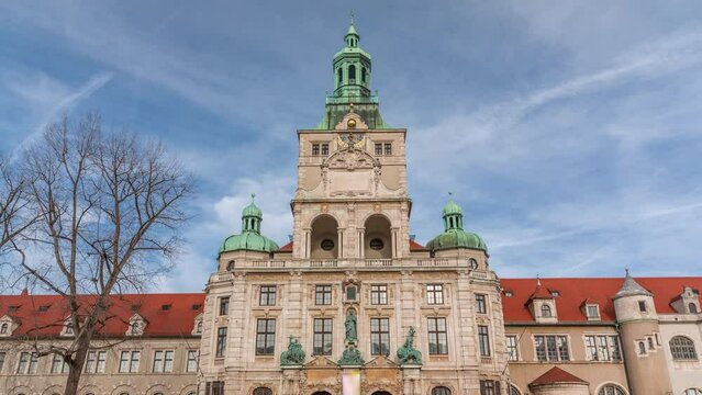 The Bavarian National Museum (Bayerisches Nationalmuseum) timelapse. One of the most important museums of decorative arts in Europe and one of the largest art museums in Germany, Munich. Front view