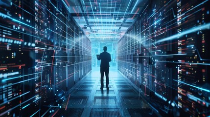 A mesmerizing image of a man standing amidst glowing digital screens in a advanced futuristic data center