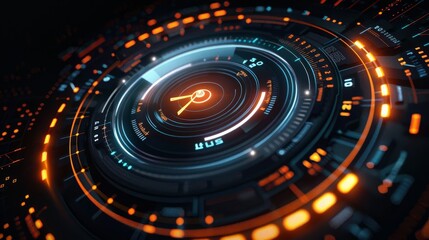 Obraz na płótnie Canvas This detailed image features a glowing futuristic interface with a target in the center, evoking a sense of precision