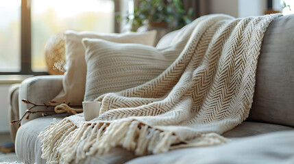 Fototapeta na wymiar Detail shot of a decorative throw blanket draped over a sofa, modern interior design, scandinavian style hyperrealistic photography