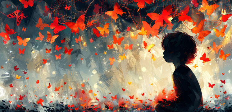   A child stands before a tree, where red and yellow butterflies ascend instead of descending from its branches