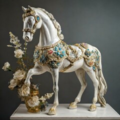 home decorative beautiful precious stones studded horse with floral pattern sculpture or figurine art piece in classic antique collector style, background - obrazy, fototapety, plakaty
