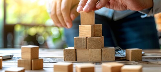 Hand stacking wooden cubes with business strategy and action plan, oriented business concept. business development concept. generative ai