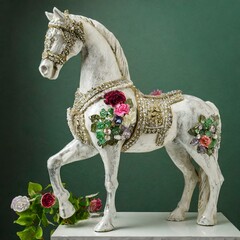 home decorative beautiful precious stones studded horse with floral pattern sculpture or figurine art piece in classic antique collector style, background - obrazy, fototapety, plakaty