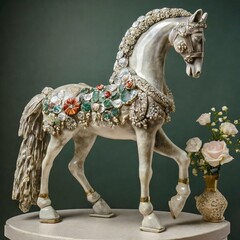 home decorative beautiful precious stones studded horse with floral pattern sculpture or figurine art piece in classic antique collector style, background