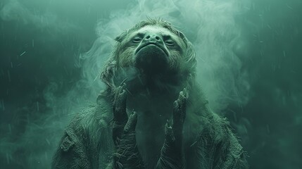   A creature stands before a foggy backdrop, its mouth agape and holding a cigarette between its teeth - obrazy, fototapety, plakaty