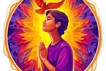 Illustration of a little boy who prays, asks for forgiveness, Christianity, Jesus Christ, next to doves birds of peace - obrazy, fototapety, plakaty