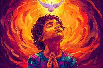Illustration of a little boy who prays, asks for forgiveness, Christianity, Jesus Christ, next to doves birds of peace - obrazy, fototapety, plakaty