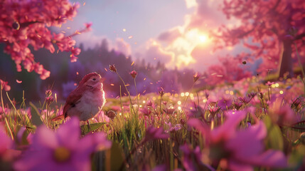   A bird perches in the heart of a flower-filled meadow, sun rays filtering through overlapping clouds behind