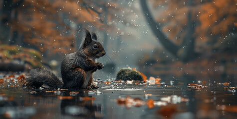   A squirrel sits atop a forest lake's edge, surrounded by a sea of leaves - obrazy, fototapety, plakaty
