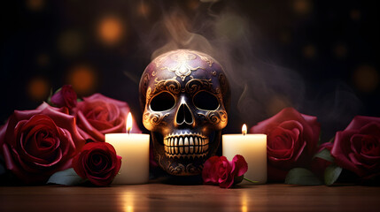 Red roses flower bouquet on rustic wood with skull and candlelight background - obrazy, fototapety, plakaty