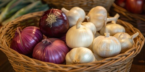 A close-up of a wicker basket filled with white and red onions and garlic bulbs, showcasing farm-fresh produce