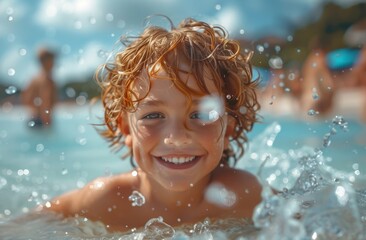The image shows the back of a child’s head with curly hair, splashing in a pool on a sunny day