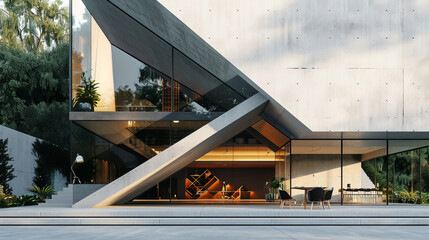 The exterior of the building, made in modern architecture using glass, concrete and steel, embodies...