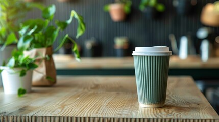 Close view of a stylish, sustainable coffee cup, a fresh take on eco-friendly products - obrazy, fototapety, plakaty