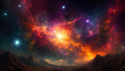 Vibrant galaxy unfolds above a serene, misty landscape, stars and nebulae painting the sky with radiant hues - 783881326