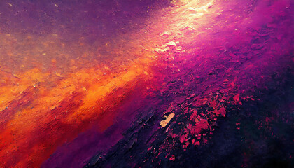 Vibrant mix of purple, orange, and yellow hues create an abstract, cloud-like painting - 783881370