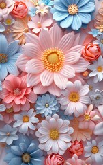 Fototapeta na wymiar Cute colorful pastel flowers, background for phone wallpaper, 3d render