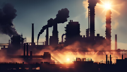 Industrial sunset scene with silhouetted structures and smoke, highlighting environmental impact - 783881379