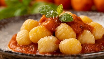 Macro of potato gnocchi with bolognese sauce.
 - obrazy, fototapety, plakaty