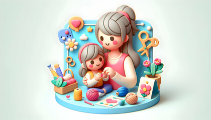 Obraz na płótnie Canvas 3D Icon: Crafting with Mom - Mother and Child Crafting Together in a Creativity and Bonding Poster for Mother's Day, Isolated on White Background