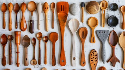 Artistic array of eco-friendly spoons and spatulas, recycled materials shining in new product glory