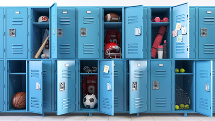 Fototapeta premium Kind of sports concept. School lockers with open doors and sports equipment, items and accessories for sports.