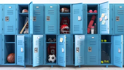 Foto auf Acrylglas Kind of sports concept. School lockers with open doors and sports equipment, items and accessories for sports. © Maksym Yemelyanov