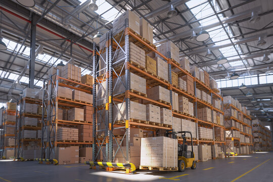 Retail warehouse full of shelves with cardboard boxes and packages. Logistics, storage, and delivery industrial background. 3d illustration