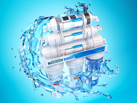 Reverse osmosis water purification system with water splashes on blue background.. Water cleaning system installation.